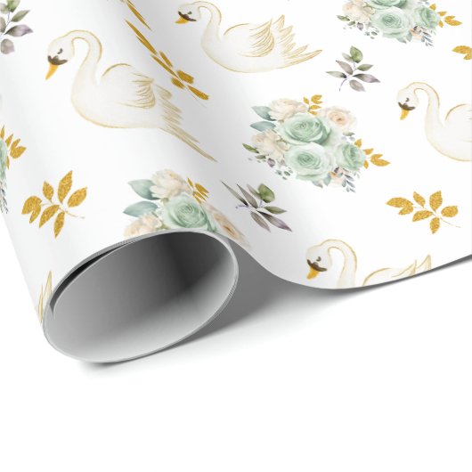 Swan Sage Green und Gold Floral Rose Geschenkpapier (Rolleneckpunkt)