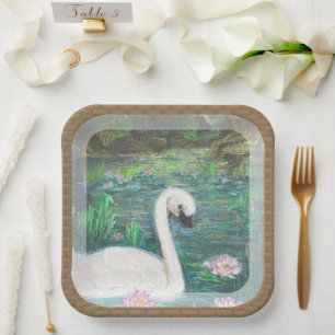 Swan und Lilies (Square) Pappteller