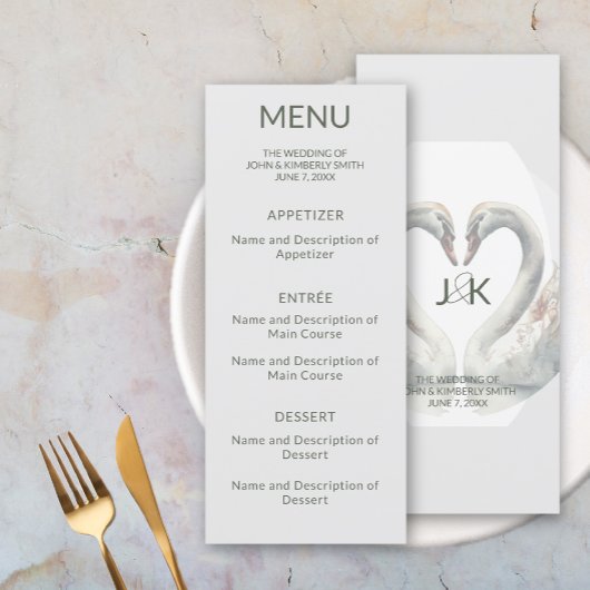 Swan Wedding Monogram Flat Menu Menükarte