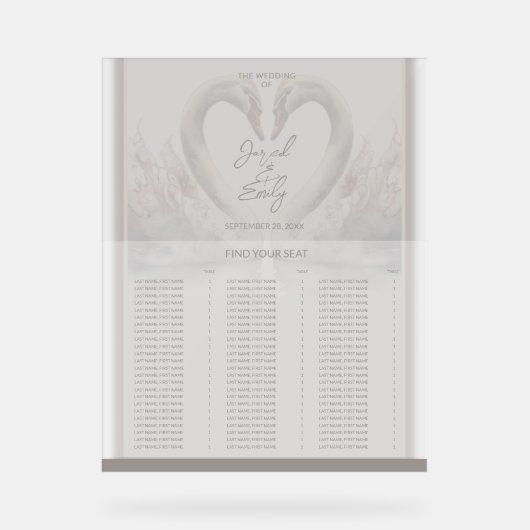 Swan Wedding Seating Chart Akryllisches Zeichen Acrylschild (Vorderseite)