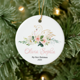 Swan Weihnachtsschmuck, Rosa und Gold Swan Keramik Ornament