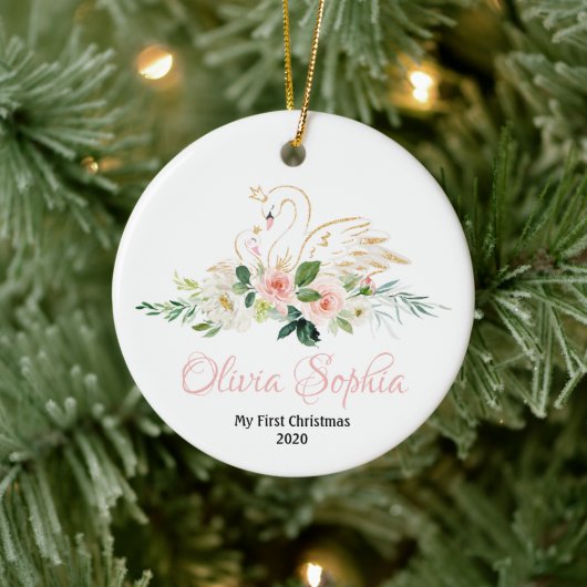 Swan Weihnachtsschmuck, Rosa und Gold Swan Keramik Ornament (Baum)