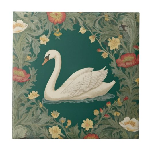 Swan William Morris Stil Links gegenüber Aquamarin Fliese (Vorderseite)