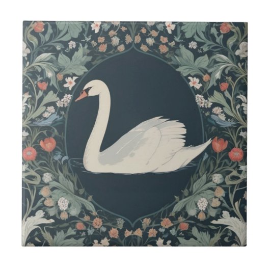 Swan William Morris Stil Links gegenüber Floral Fliese (Vorderseite)