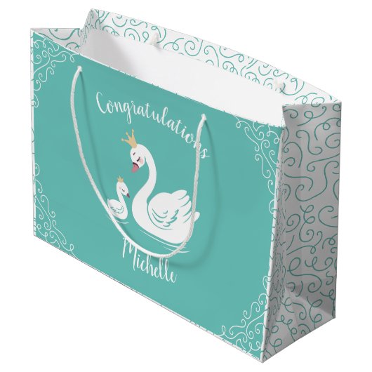 Swans Baby Showbird mit Crown Theme Aquamarin Große Geschenktüte (Rückseite Schrägansicht)