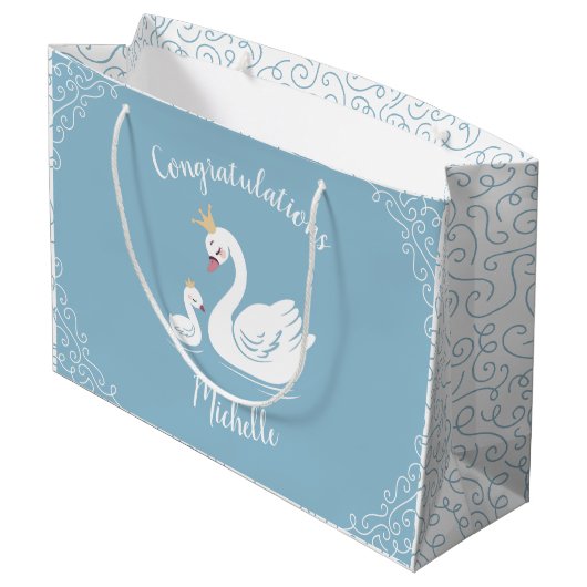 Swans Baby Showbird mit Crown Theme Blue Große Geschenktüte (Rückseite Schrägansicht)