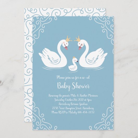 Swans Baby Shower Bird mit Crown Co-Ed Blue Einladung (Vorne/Hinten)