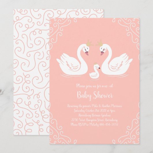 Swans Baby Shower Bird mit Crown Co-Ed Peach Einladung (Vorne/Hinten)