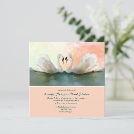 Swans bei Sunset Custom Hochzeit Einladung (Stehend Vorderseite)