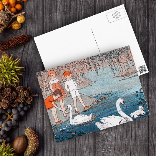 Swans Children Vintag Lake Scene Postkarte