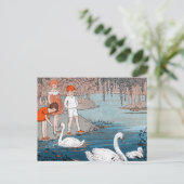 Swans Children Vintag Lake Scene Postkarte (Stehend Vorderseite)
