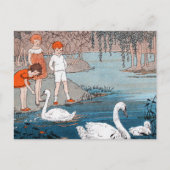 Swans Children Vintag Lake Scene Postkarte (Vorderseite)