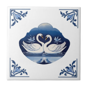 Swans Delft Blue und White Floral Corners Swan Fliese