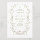 Swans Floral Frame Monogram Wedding Einladung (Vorderseite)