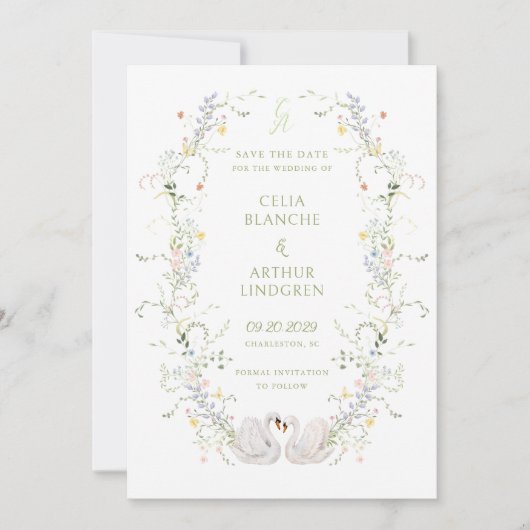 Swans Floral Frame Monogram Wedding  Save The Date (Vorderseite)