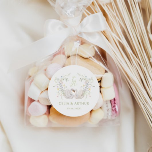 Swans Floral Monogram Crest Wedding  Runder Aufkleber