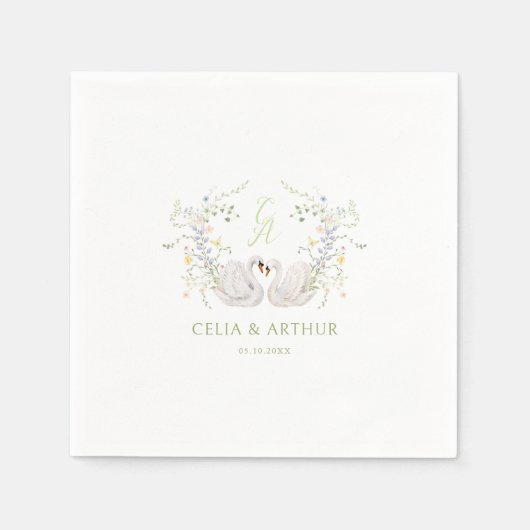 Swans Floral Monogram Crest Wedding Serviette (Vorderseite)