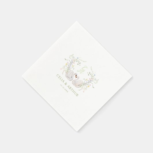 Swans Floral Monogram Crest Wedding Serviette (Ecke)