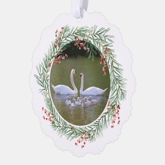 Swans in Pine & Holly Wreath Paper Ornament Card (Links)