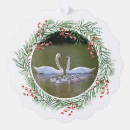 Swans in Pine & Holly Wreath Paper Ornament Card Karte