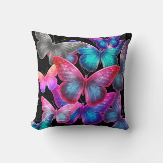 Swarm Of Colorful Butterflies On Black Background Kissen
