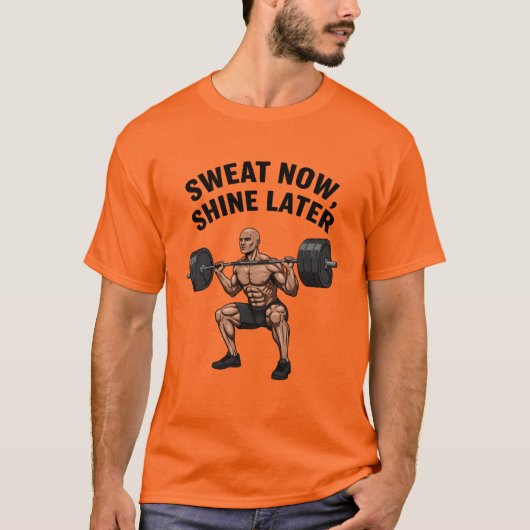Sweat Now Shine Spater Barbell Squat Motivation T-Shirt (Vorderseite)