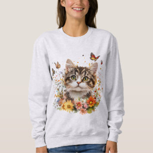 Sweatshirt mit niedlichem Kätzchen mit Blumen