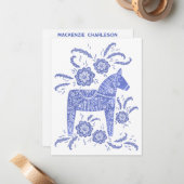 Swedish Dala Horse Blue and White Personalized Mitteilungskarte (Vorderseite/Rückseite Beispiel)