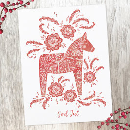 Swedish Dala Horse God Jul Holiday Postcard Feiertagspostkarte