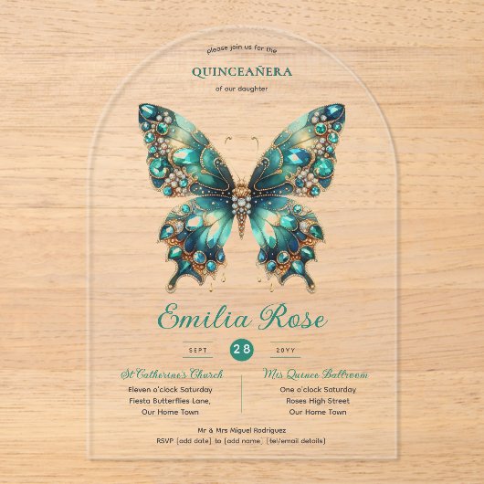 Sweet15 Butterflies QUINCEANERA Aquamariner Golddi Acryleinladungen (Vorderseite)