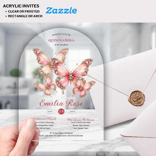Sweet15 Butterflies QUINCEANERA Blush Pink Diamond Acryleinladungen