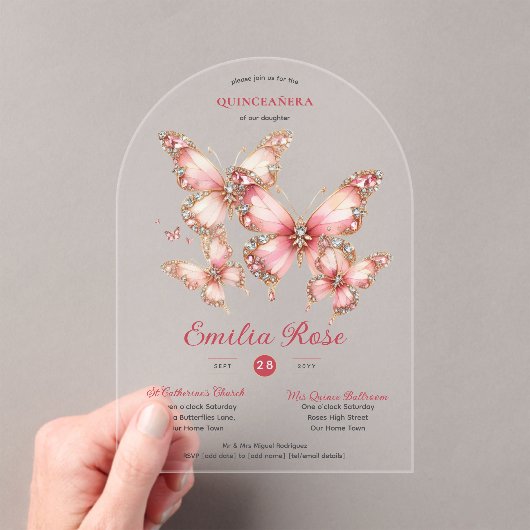 Sweet15 Butterflies QUINCEANERA Blush Pink Diamond Acryleinladungen (Insitu (Handheld))