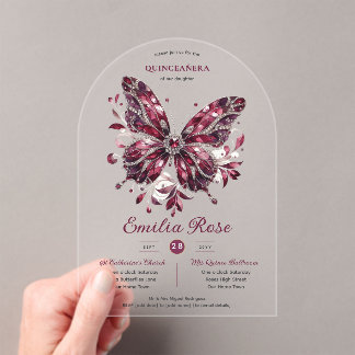 Sweet15 Butterflies QUINCEANERA Burgundy Diamond Acryleinladungen