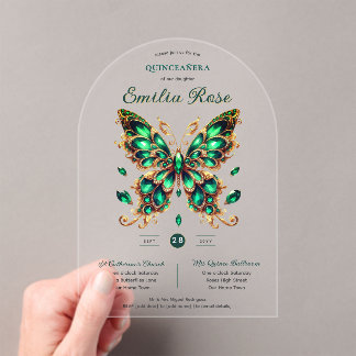 Sweet15 Butterflies QUINCEANERA Emerald Green Gold Acryleinladungen