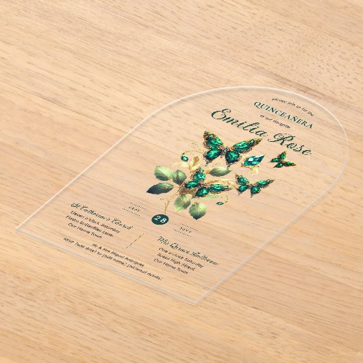 Sweet15 Butterflies QUINCEANERA Emerald Green Gold Acryleinladungen (Ablage )