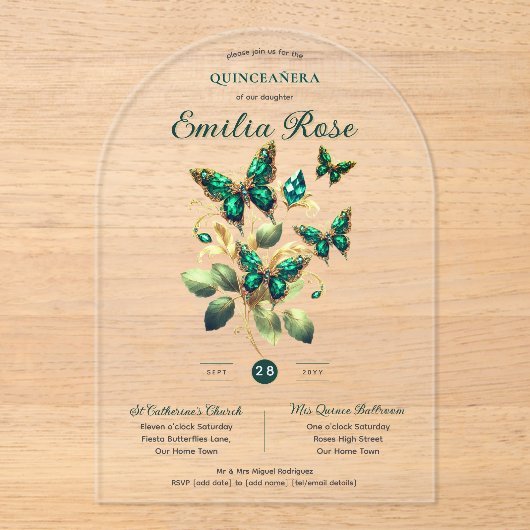 Sweet15 Butterflies QUINCEANERA Emerald Green Gold Acryleinladungen (Vorderseite)