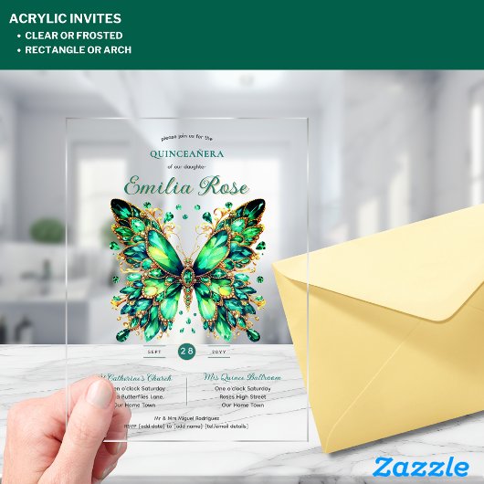 Sweet15 Butterflies QUINCEANERA Emerald Green Gold Acryleinladungen
