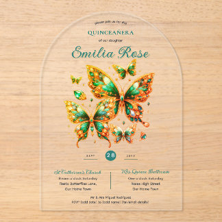 Sweet15 Butterflies QUINCEANERA Emerald Green Gold Acryleinladungen