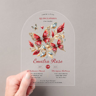 Sweet15 Butterflies QUINCEANERA Rote Karte Diamant Acryleinladungen