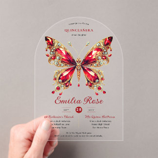 Sweet15 Butterflies QUINCEANERA Rote Karte Diamant Acryleinladungen