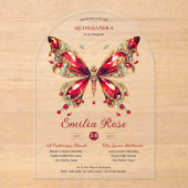 Sweet15 Butterflies QUINCEANERA Rote Karte Diamant Acryleinladungen (Vorderseite)