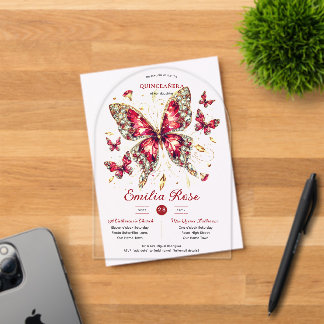 Sweet15 Butterflies QUINCEANERA Rote Karte Diamant Acryleinladungen