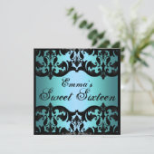 Sweet16 Blue Elegant Damask Geburtstag Einladung (Stehend Vorderseite)