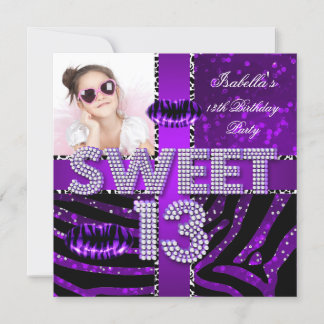 Sweet 13 13. Geburtstag Zebra Glitzer Lila Lippen Einladung