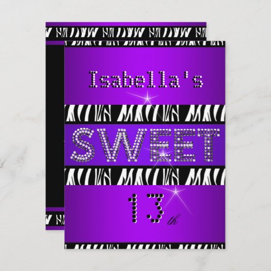 Sweet 13 13. Geburtstag Zebra Lila Black Einladung (Vorne/Hinten)
