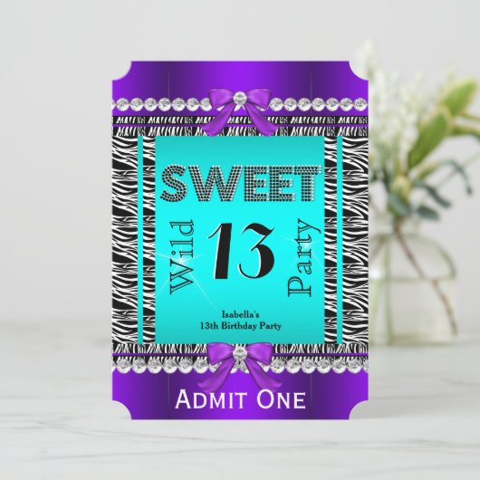 Sweet 13 Fun Party Zebra Aquamarin Blue Lila Ticke Einladung (Stehend Vorderseite)