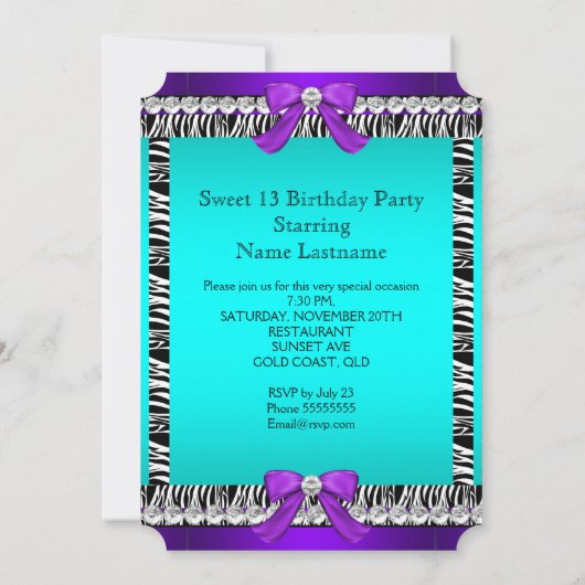 Sweet 13 Fun Party Zebra Aquamarin Blue Lila Ticke Einladung (Rückseite)