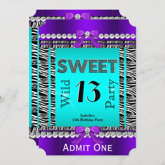 Sweet 13 Fun Party Zebra Aquamarin Blue Lila Ticke Einladung (Vorne/Hinten)
