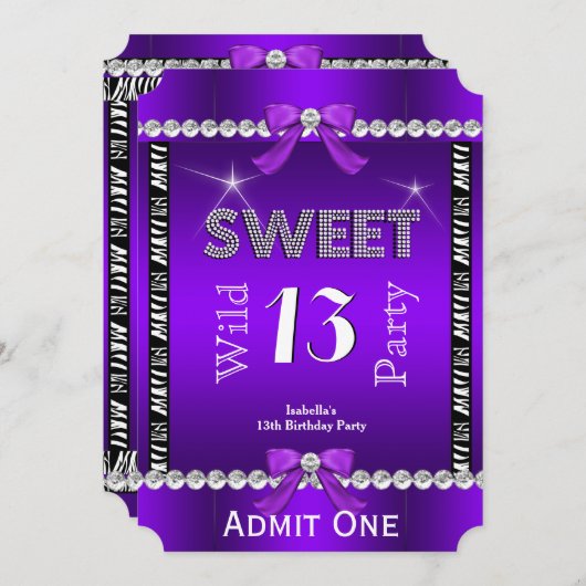 Sweet 13 Fun Party Zebra Lila Ticket 3 Einladung (Vorne/Hinten)