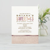 SWEET 13 Imitats Rose Gold Champagner Party Einlad Einladung (Stehend Vorderseite)